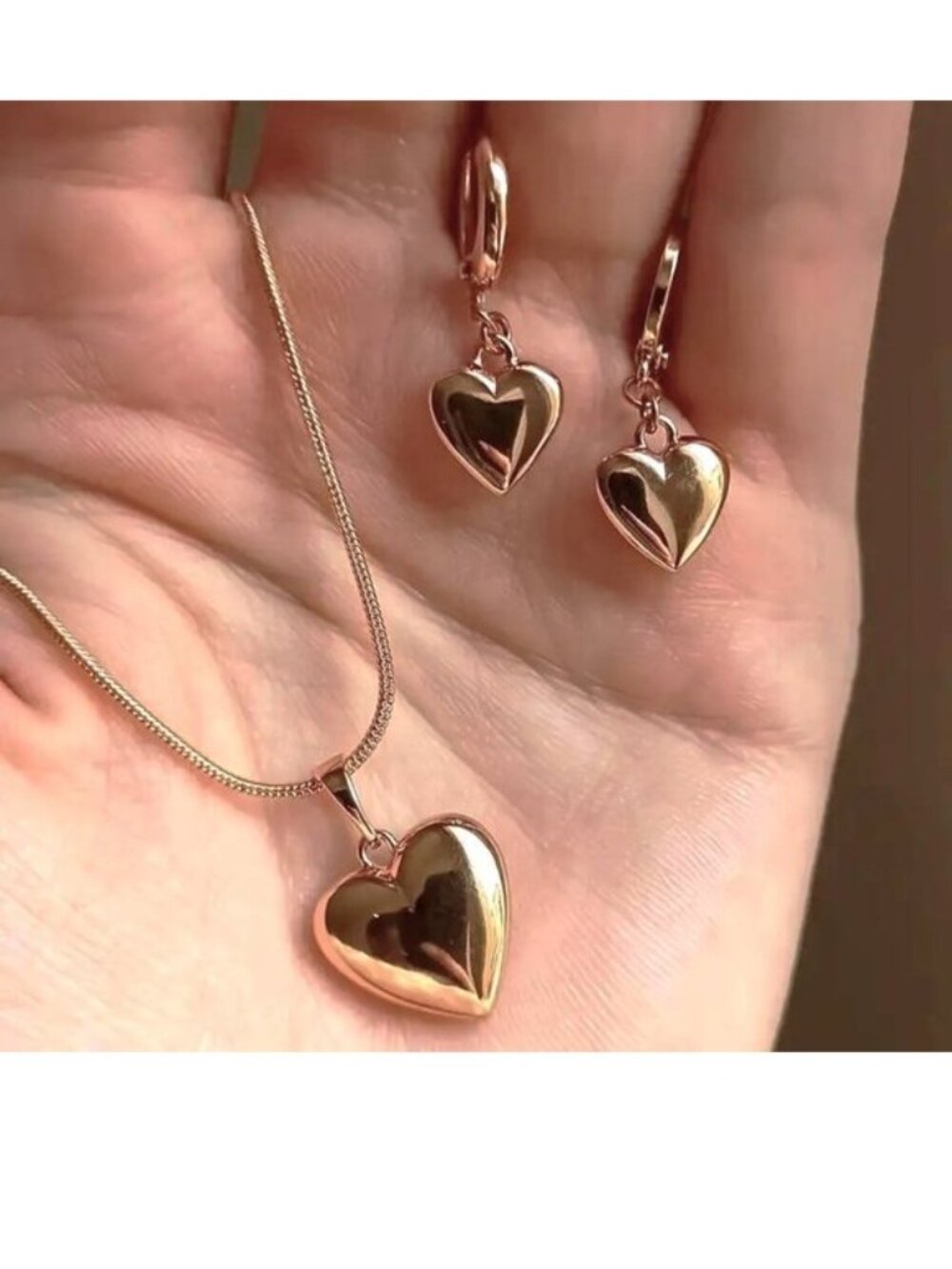 Puff Heart Necklace & Earrings 3pc Set Dangle Simple Minimalist Gold Elegant NEW